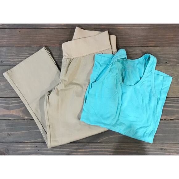 LIZ LANGE Maternity khaki cropped dress pants w/pockets sz 4 & S teal tank top - Picture 1 of 11